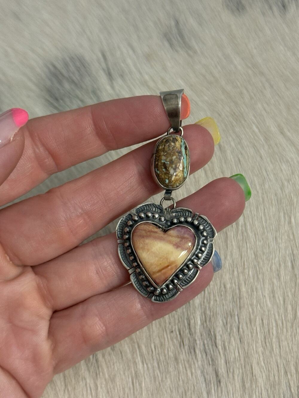 Huge Sterling Silver Purple Spiny Sunset & Ribbon Turquoise Heart Pendant 2.5β